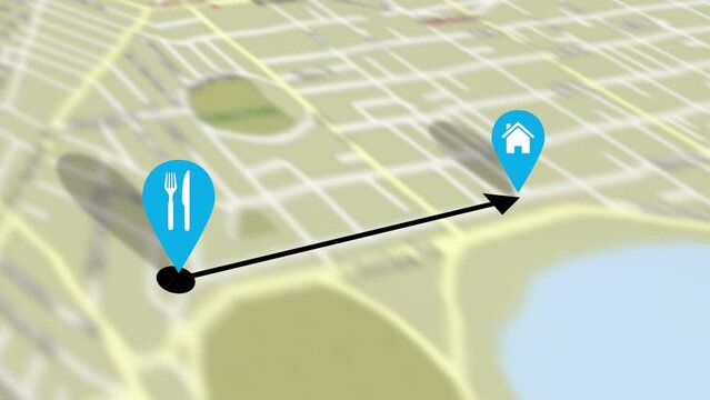 Food order delivery from restaurant to house on a street map animation