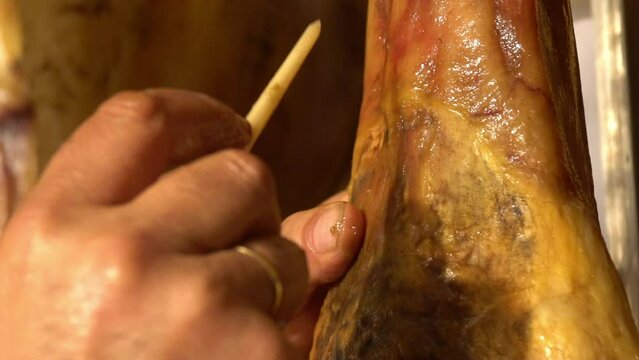 Leg of Iberian ham detailed macro shoot moving, where it is seen in the reflections of light on the black brown skin of the Iberian pig . the curator put a stick inside the leg where details are shown