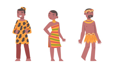 Naklejka premium Barefoot African Aboriginal Man and Woman Character Dressed in Traditional Tribal Clothing Vector Set