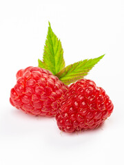 Isolated berries. Bunch of raspberry fruits with leaves isolated on white background with clipping path
