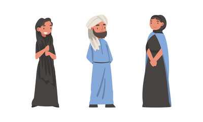 Arab Man and Woman Standing in Traditional Muslim Dress and Long Flowing Garment Vector Set