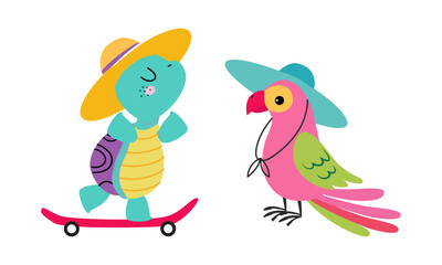 Cute African Turtle on Skateboard and Parrot in Hat Enjoying Hot Summer Vector Set