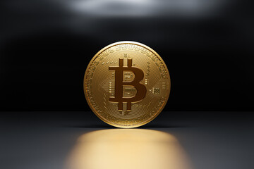 Bitcoin on Black background with golden reflect floor.