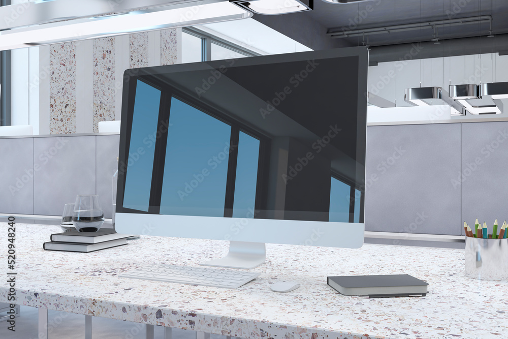 Aufkleber Close up of computer screen with reflections on office desktop with supplies. Workplace concept. 3D Rendering.