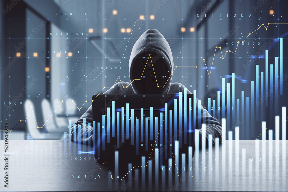 Poster Hacker in hoodie sitting at desktop and using laptop computer with abstract glowing and growing business graph hologram on blurry office interior background. 