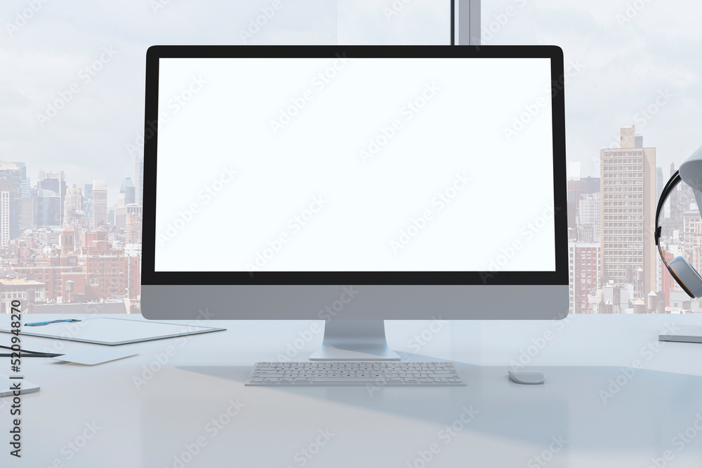 Aufkleber Close up of designer desktop with empty white mock up computer monitor laptop and supplies in modern office with window and panoramic city view. 3D Rendering.