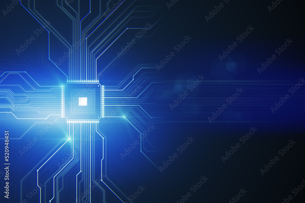 Aufkleber Creative glowing chip circuit hologram on dark background with mock up place. CPU and metaverse concept. 3D Rendering.