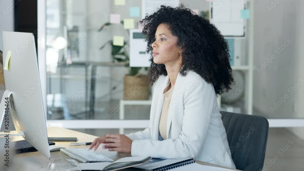 Poster Business woman typing an email, looking confused and thinking on a desktop computer while working in an office alone. Female corporate professional, assistant or secretary looking thoughtful