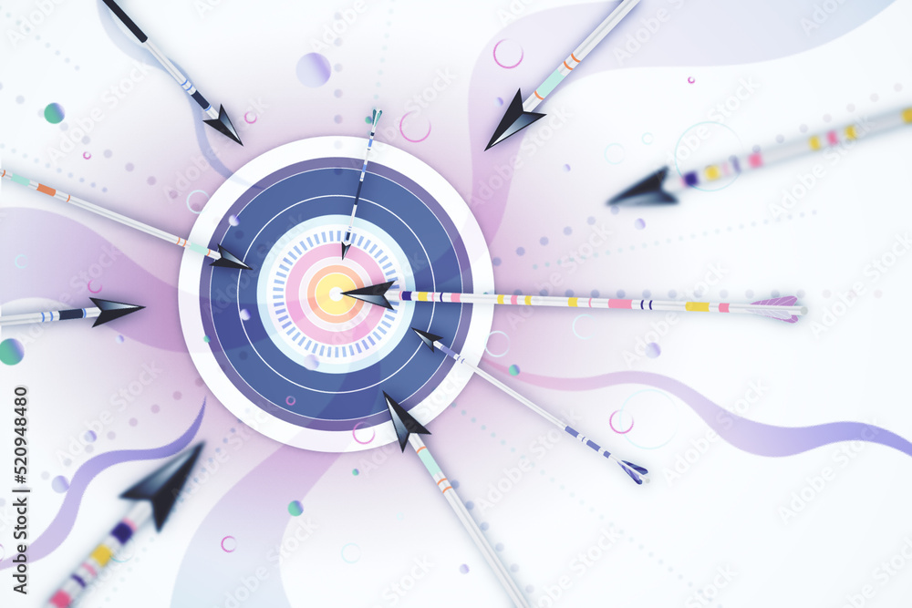 Poster bulls eye target with arrows on light wallpaper. targeting and aim concept. 3d rendering.