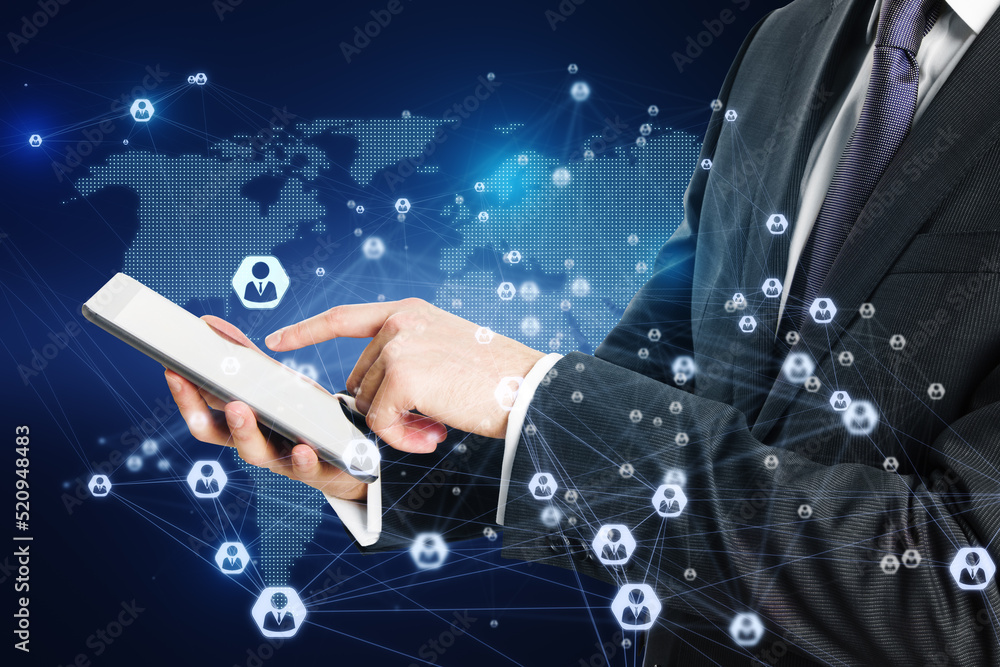 Poster close up of businessman hand using cellphone with abstract glowing digital map and connections on bl