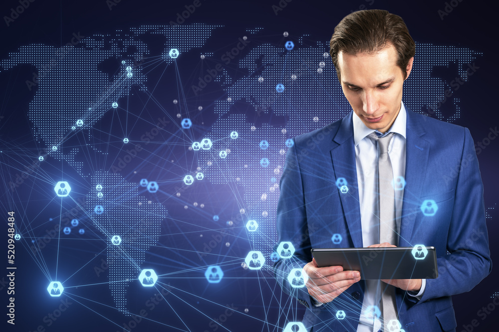 Poster attractive young european businessman using tablet with abstract glowing digital map and connections