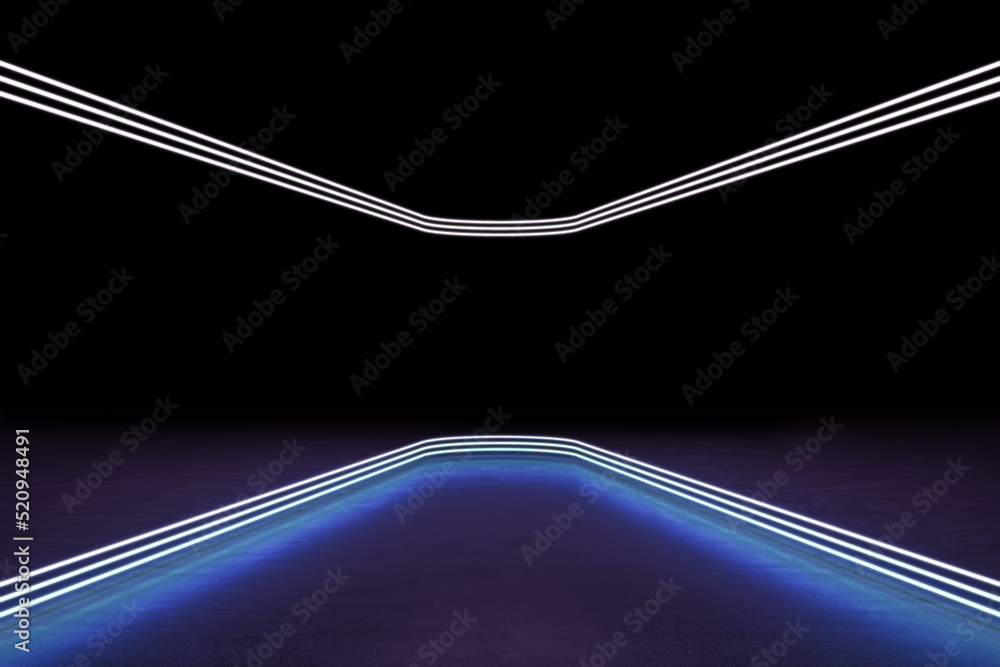 Poster Abstract blue futuristic corridor with empty mock up place on black backdrop. 3D Rendering.