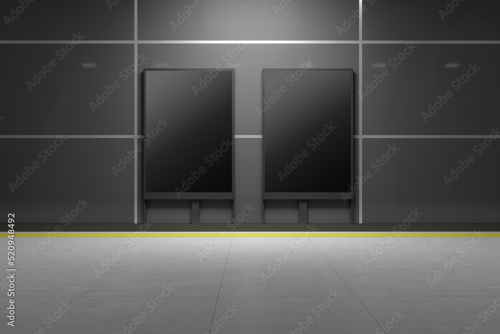 Poster empty two black banner in dark underground corridor with tile wall. ad and commercial concept. mock 