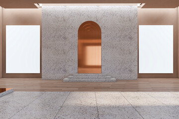 Clean wooden and marble illuminated gallery interior with empty white mock up banner and reflections on floor. 3D Rendering.