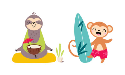 Cute African Sloth and Monkey with Surfboard and Coconut Cocktail Enjoying Hot Summer Vector Set