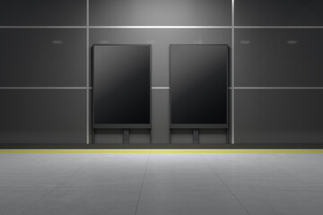 Empty two black banner in dark underground corridor with tile wall. Ad and commercial concept. Mock up, 3D Rendering.