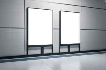 Empty white mockup poster in underground corridor with tile wall. Ad and commercial concept. Mock up, 3D Rendering.