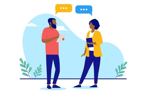 Black businessman and businesswoman dialogue - Man and woman standing talking and working together. Flat design vector illustration with white background