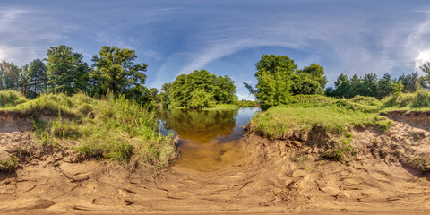 Fototapeta na wymiar full seamless hdri 360 panorama view on sand bank of river near forest in equirectangular spherical projection as background for vr content