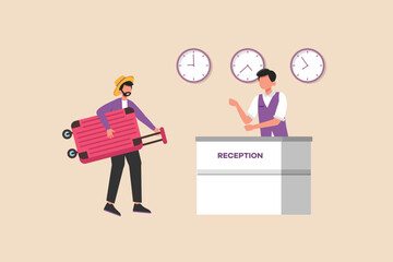 Boy receptionist help man traveler checking in hotel. Hotel activity concept. Colored flat graphic vector illustration isolated.