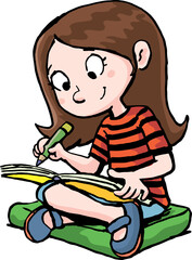 little girl is sitting on a pillow and writing in a notebook