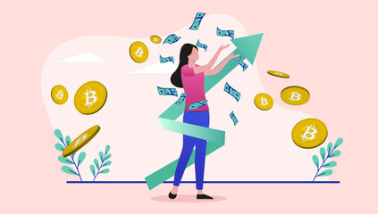 Bitcoin investor woman - Female person having success with crypto currencies as price is rising. Flat design vector illustration