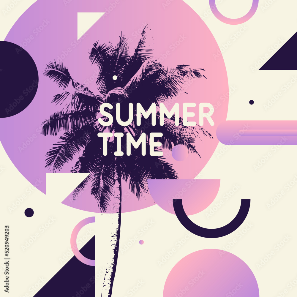 Poster vector graphics in a fashionable style with geometric elements. summer time. modern poster with palm