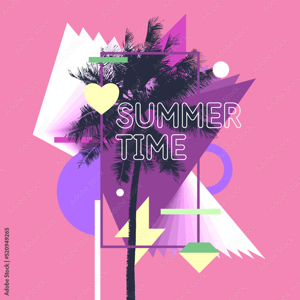 Poster vector graphics in a fashionable style with geometric elements. summer time. modern poster with palm