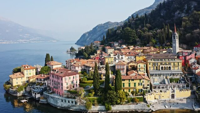 Aerial view of Varenna town on lake Como, Lecco, Italy