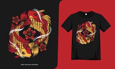 koi fish red yin yang concept with tshirt template. vector illustration