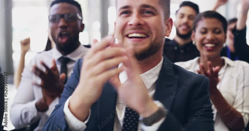 Poster Cheering and excited colleagues clapping for success in a presentation as a group or team in a conference meeting where training is the focus. Happy coworkers celebrating during a workshop or seminar
