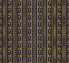 Vector ethnic embroidery vintage gold color geometric stripes seamless pattern on black background. Surface pattern design. Use for fabric, textile, interior decoration elements, upholstery, wrapping.