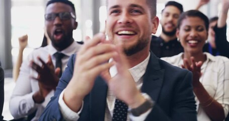 Cheering and excited colleagues clapping for success in a presentation as a group or team in a conference meeting where training is the focus. Happy coworkers celebrating during a workshop or seminar - Powered by Adobe