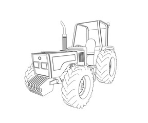 Outline of a detailed tractor from black lines isolated on a white background. Perspective view. Vector illustration.