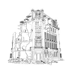 The outline of the destroyed building from black lines isolated on a white background. Perspective view. 3D. Vector illustration.
