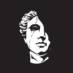 Art objects for the exhibition of classical and contemporary painting, sculpture and music. Hand illustrations, plaster bust, statues and abstract shapes, spots and lines. Drawings for poster