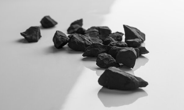 shungite stones on a white background with shadows with a copy of the space