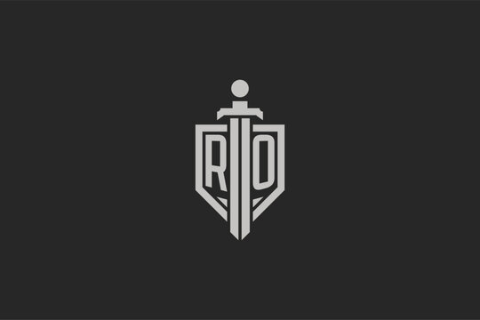 Letter RO logo with shield and sword icon design in geometric style