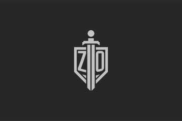 Letter ZO logo with shield and sword icon design in geometric style - obrazy, fototapety, plakaty