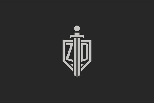 Letter ZD logo with shield and sword icon design in geometric style