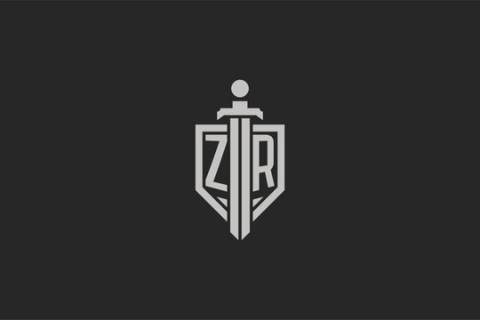 Letter ZR logo with shield and sword icon design in geometric style