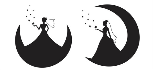 Fototapeta premium Set of vector silhouettes of a bride. Vector illustration silhouettes of brides standing on a crescent moon. One woman is holding stars and another magic stars. Black color. isolated on white.