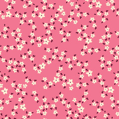 Simple vintage pattern. small white flowers, dark pink leaves. pink background. Fashionable print for textiles and wallpaper.