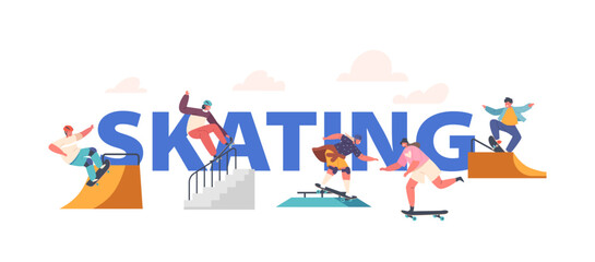 Children Skating in Park Poster. Teen Kids Skaters Jump on Longboards, Boys and Girls Urban Culture, Lifestyle, Sport