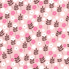 Simple vintage pattern. white and pink flowers, burgundy leaves. light pink background. Fashionable print for textiles and wallpaper.