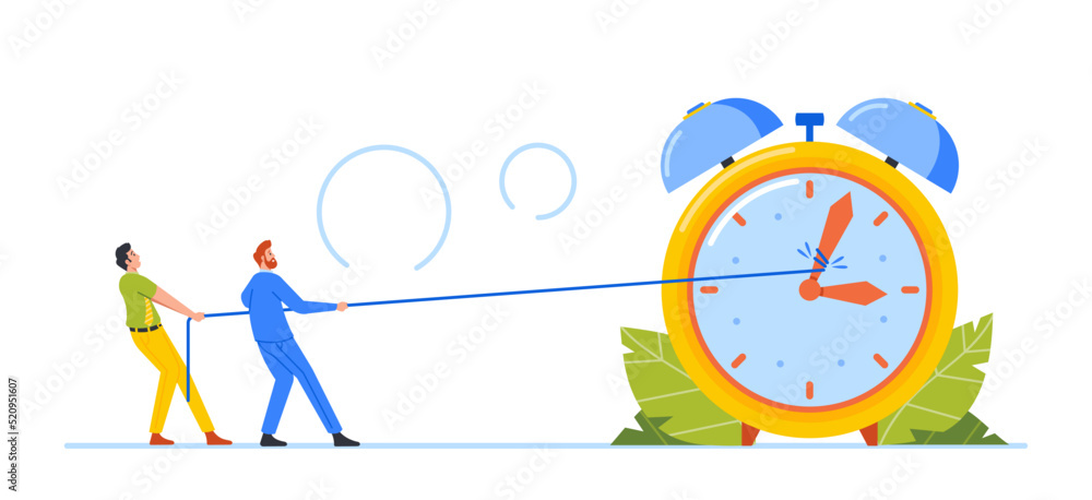 Poster business characters trying to stop or slowdown time pulling alarm clock arrows with strap, men hard 