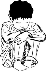 Fototapeta na wymiar Sketch drawing of young kid sitting in sad pose, line art illustration of kid sitting in depressed pose, Silhouette of angry young boy sitting in sad pose