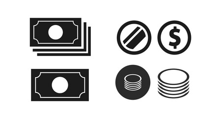 Money icon or coin dollar cash pictogram simple plain vector symbol line art outline style black and white illustration, metal and paper currency pile heap isolated image