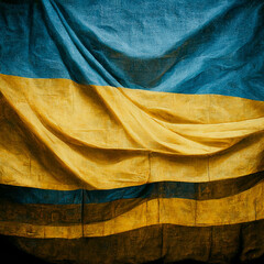 A flag of Ukraine as a soft banner, weared dirty drape in dramatic light
