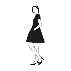 Black and white young female character in a dress and shoes stands on a white background